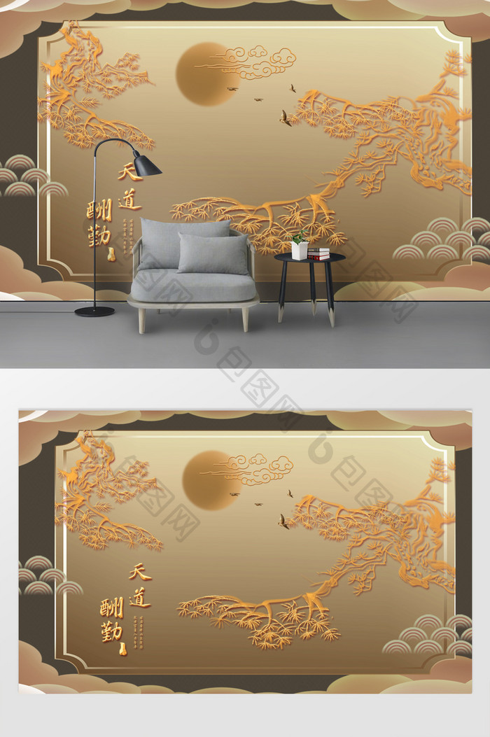 新中式金色石膏浮雕飞鸟电视背景墙