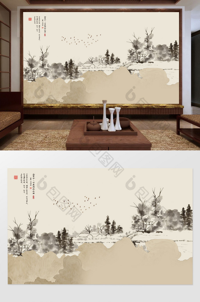 水墨中式手绘山水倒影图片