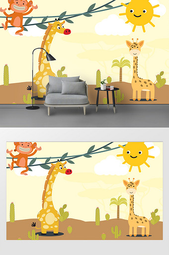 简约长颈鹿卡通动物儿童房屋背景墙图片