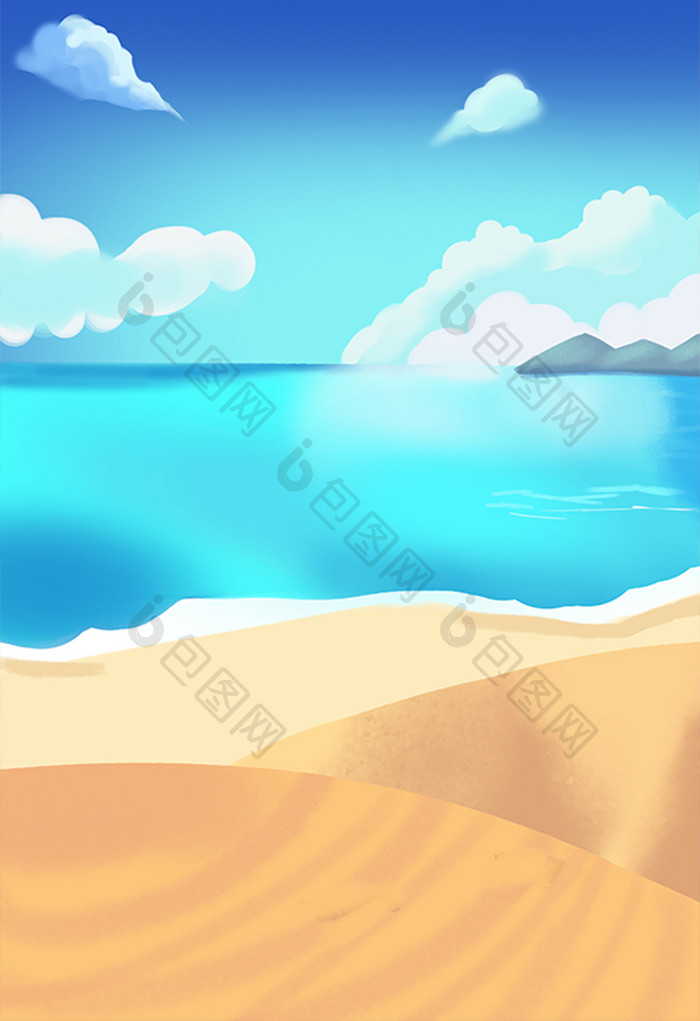手绘海边的沙滩插画背景