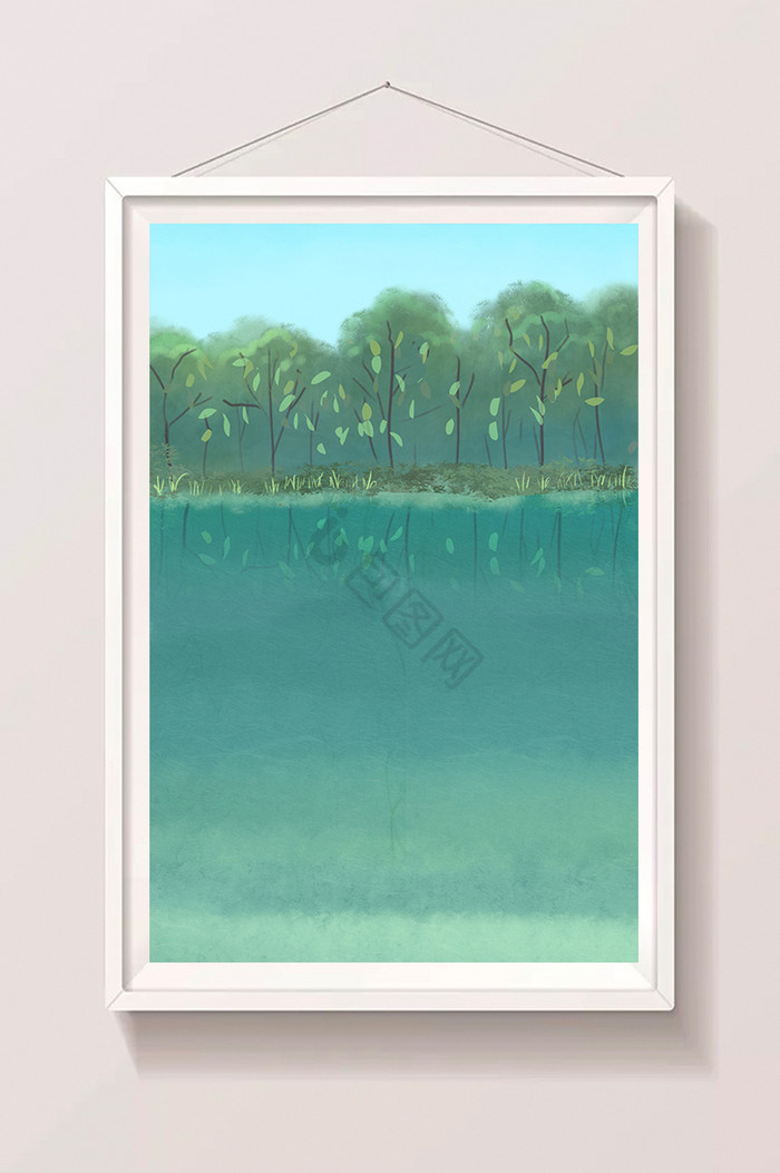 树林旁的湖水插画图片