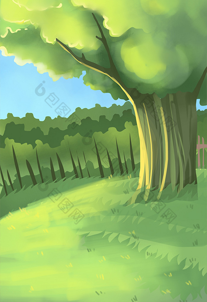 手绘绿地上的大树插画背景