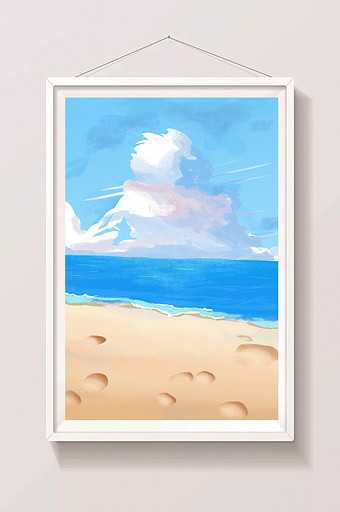 手绘漂亮的沙滩和蓝天插画背景图片