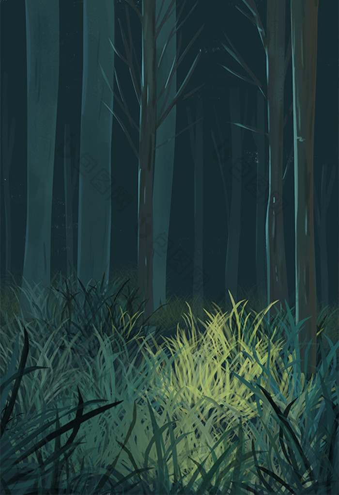 夜色下的树林插画图片