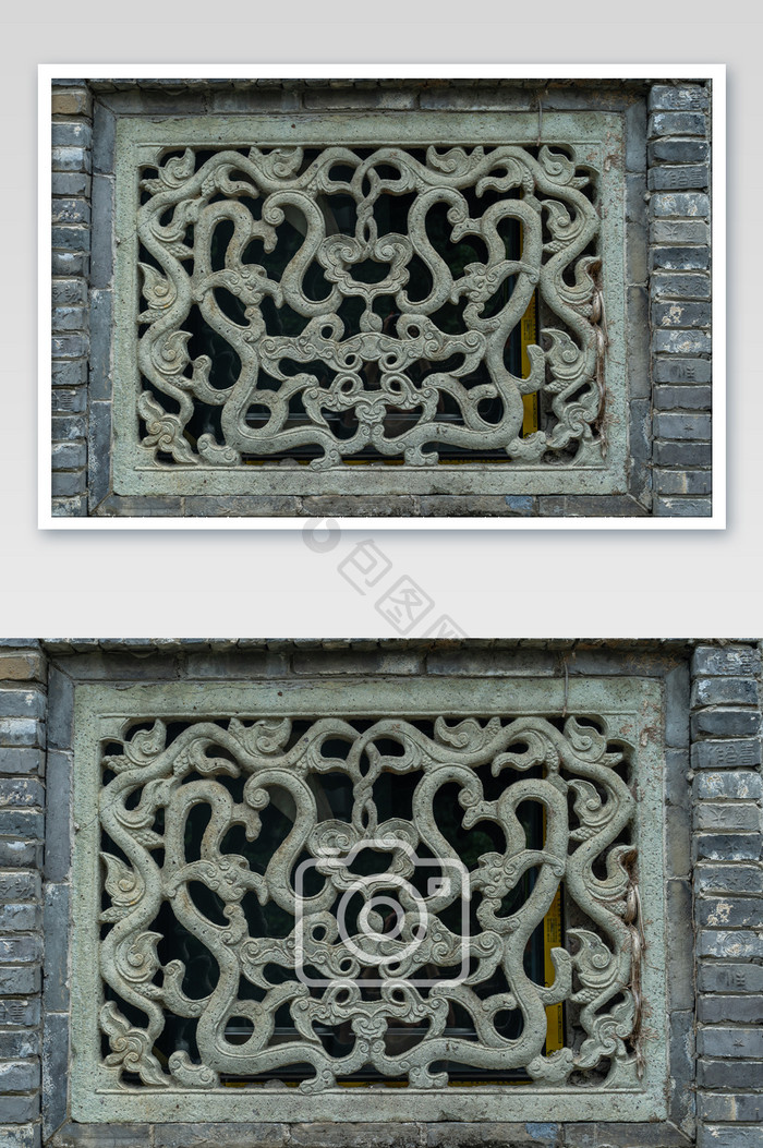 中国元素青砖复古老房子中式窗花样式摄影图
