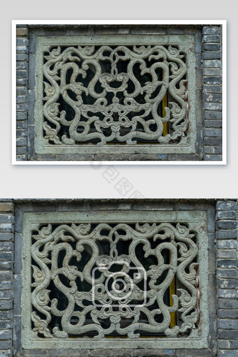 中国元素青砖复古老房子中式窗花样式摄影图图片