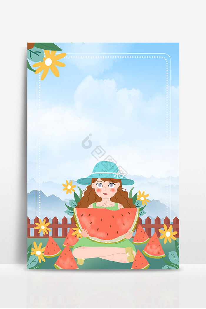 夏季西瓜水果人物女孩插画图片
