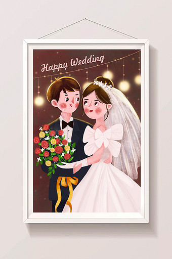 唯美清新新娘新郎浪漫甜蜜婚礼手绘插画图片下载