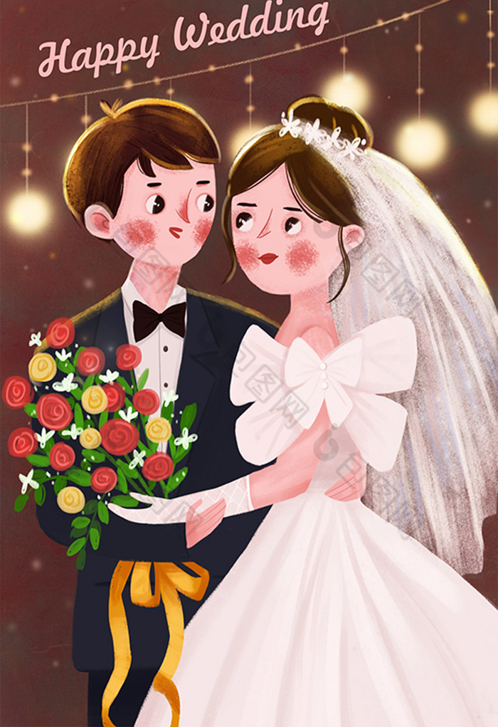唯美清新新娘新郎浪漫甜蜜婚礼手绘插画