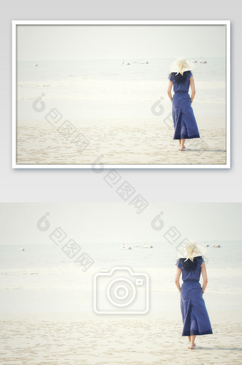 女孩走在白色沙滩上背影图片