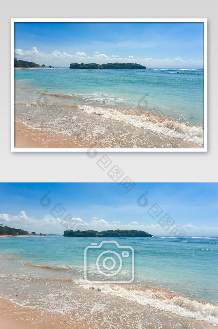 巴厘岛蓝天白云大海海浪远山摄影图