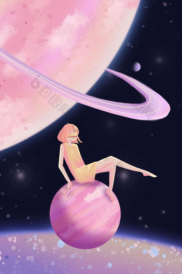 卡通扁平VR眼镜看太空宇宙少女插画gif