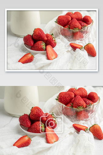 牛奶和新鲜草莓组合创意摄影图片