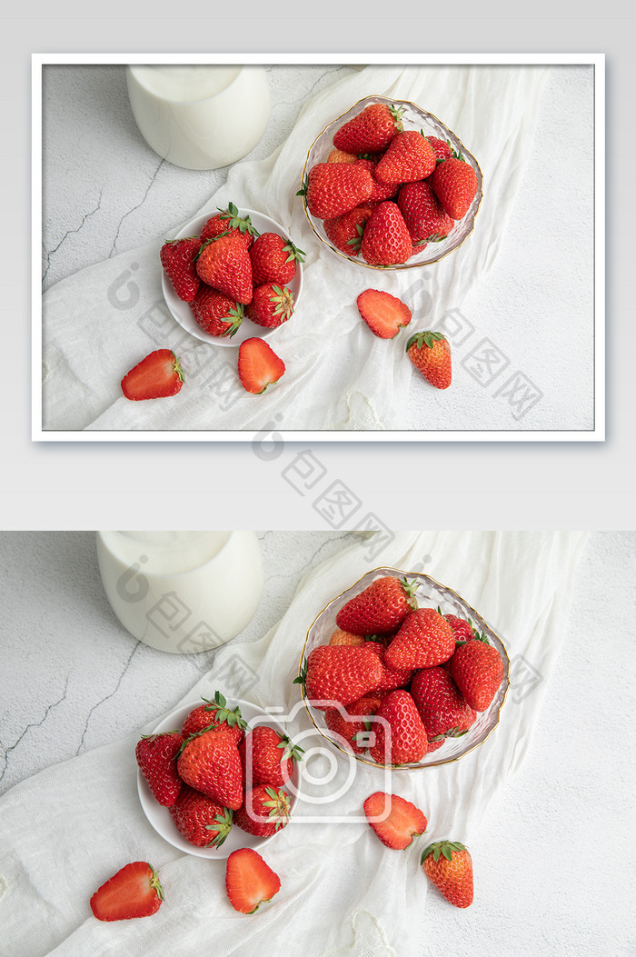 牛奶和新鲜草莓静物水果组合创意摄影图