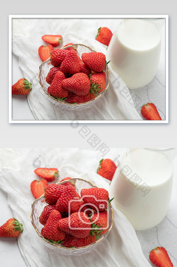 新鲜切开牛奶草莓创意摄影图片