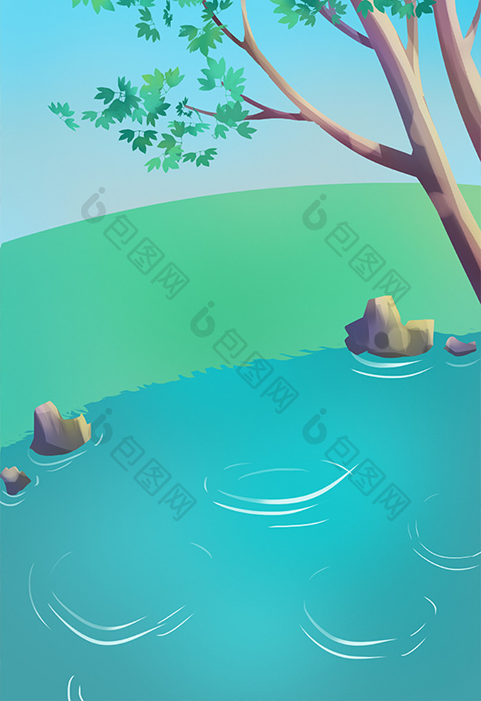 手绘水旁的大树插画背景