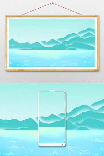 手绘蓝色调山水插画背景图片