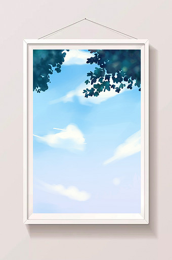 手绘树叶后的天空插画背景图片