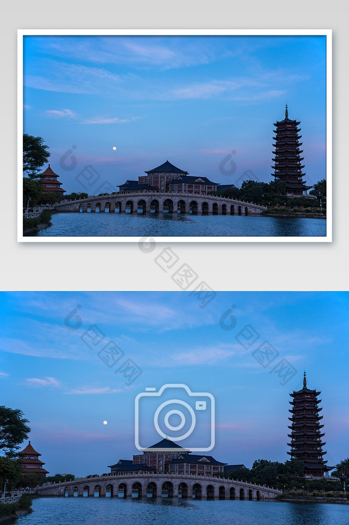 蓝色天空紫色晚霞建筑群摄影图片图片
