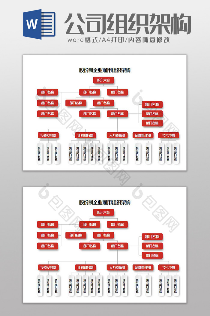 股份制企业通用组织架构Word模板