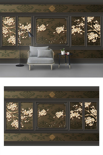 新中式花纹石膏线石纹3d立体电视背景墙图片