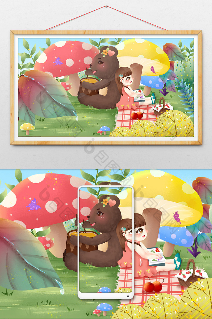 女孩与呆萌熊的梦幻森林野餐插画图片