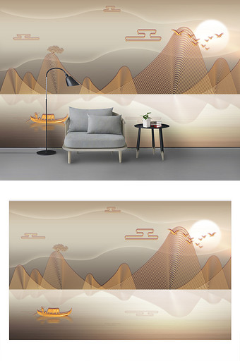 新中式抽象意境金色雕刻山水电视沙发背景墙图片