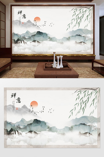 中式抽象意境金色山水电视沙发背景墙图片