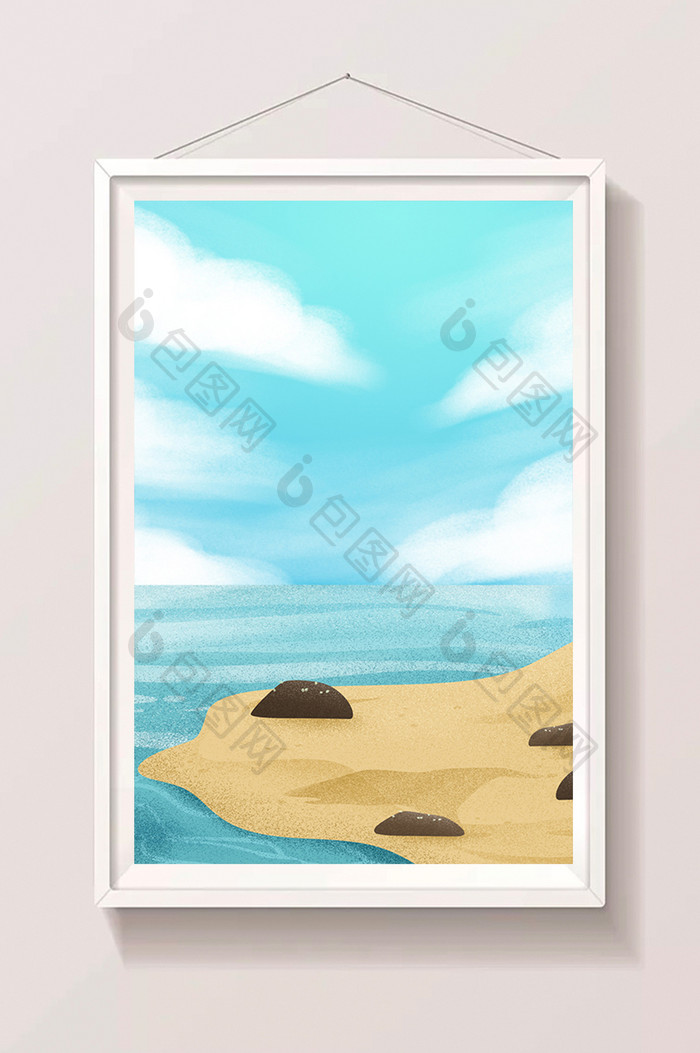 手绘晴空下的沙滩海洋插画背景