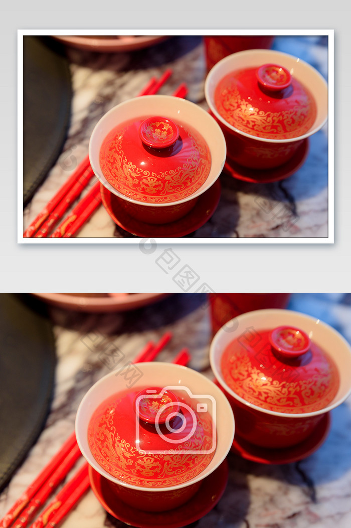 一对红色带盖的碗婚庆用品静物摄影图片