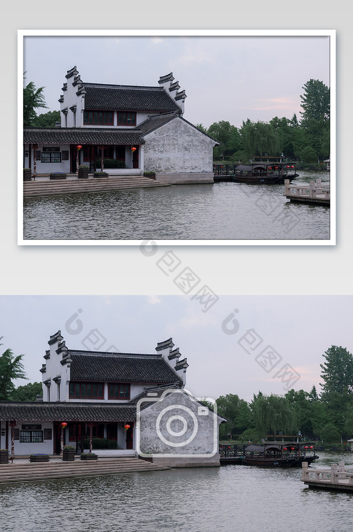 白墙黑瓦红灯笼湖面的古建筑摄影图片图片