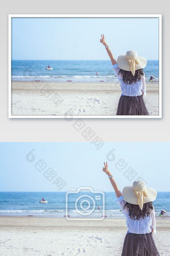 夏天女孩在海边玩耍背影图片