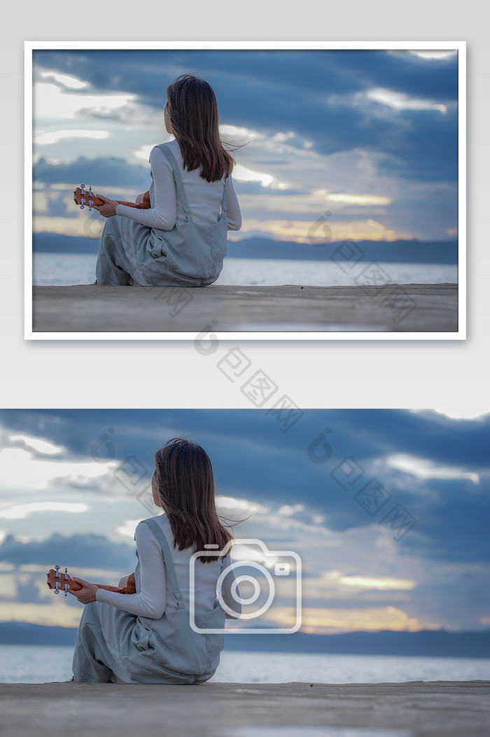 海边弹琴看夕阳的美女图片图片