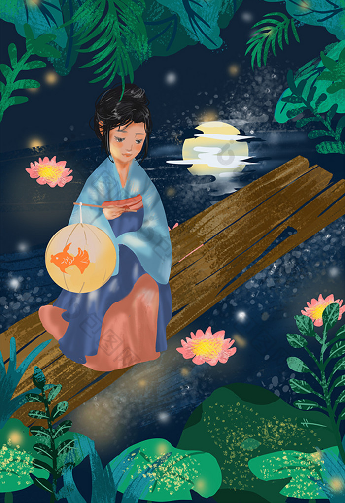 绿色唯美梦幻中国风处暑中元节插画