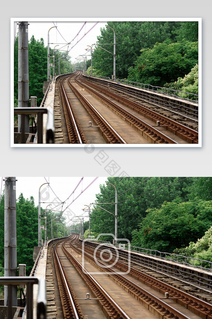 绿植环抱的地铁轨道摄影图片