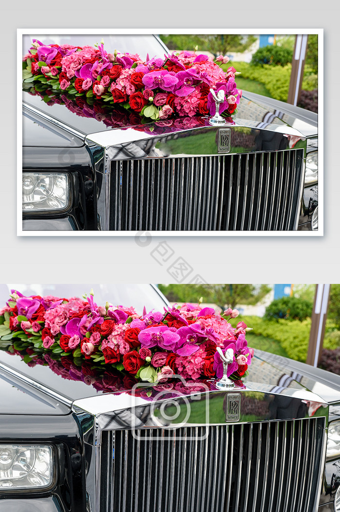 劳斯莱斯车头上的多彩的鲜花摄影图片图片