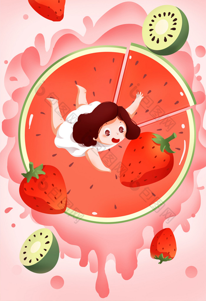 红色夏日缤纷水果插画
