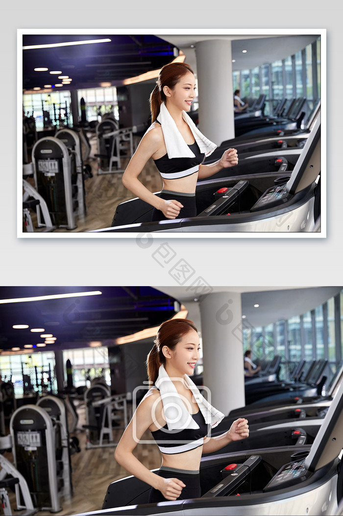 健身房运动跑步减肥增肌女生跑步机健身图