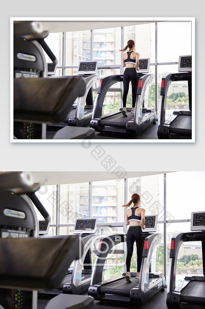 健身房运动跑步减肥增肌跑步机女生背影图片