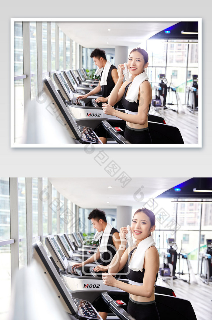 健身房运动跑步减肥增肌女生看镜头擦汗