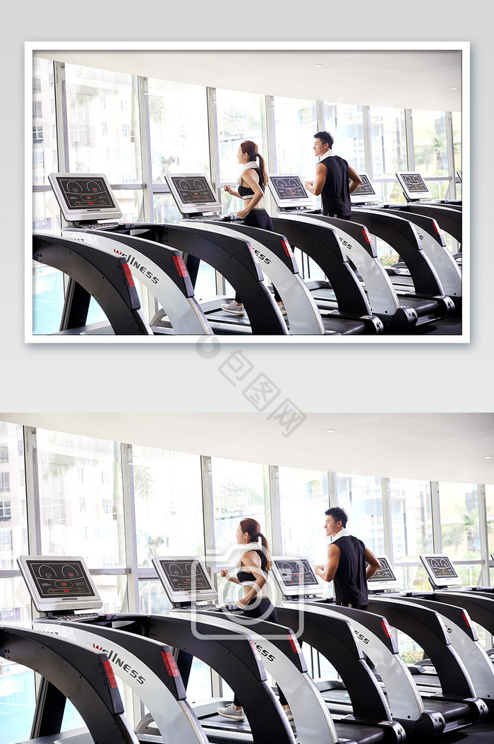 健身房运动跑步减肥增肌双人跑步背影全景图片