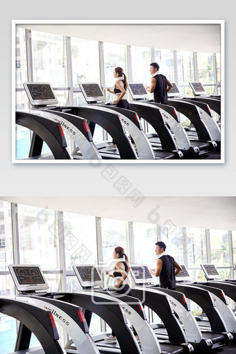 健身房运动跑步减肥增肌双人跑步背影全景图片