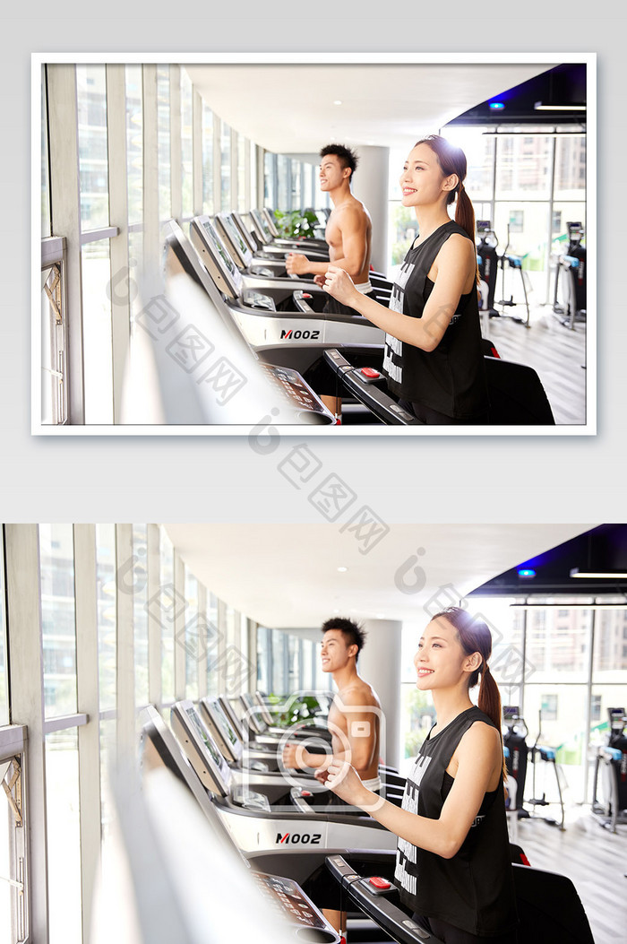 健身房运动跑步减肥增肌男女生跑步微笑