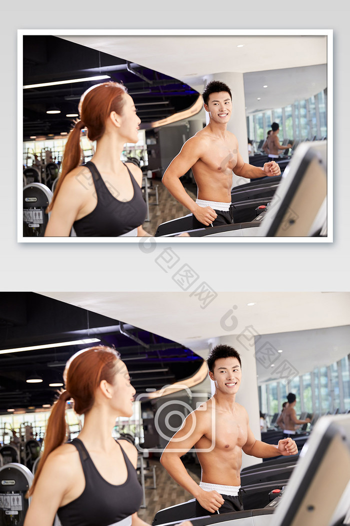 健身房运动跑步减肥增肌男女对视跑步机
