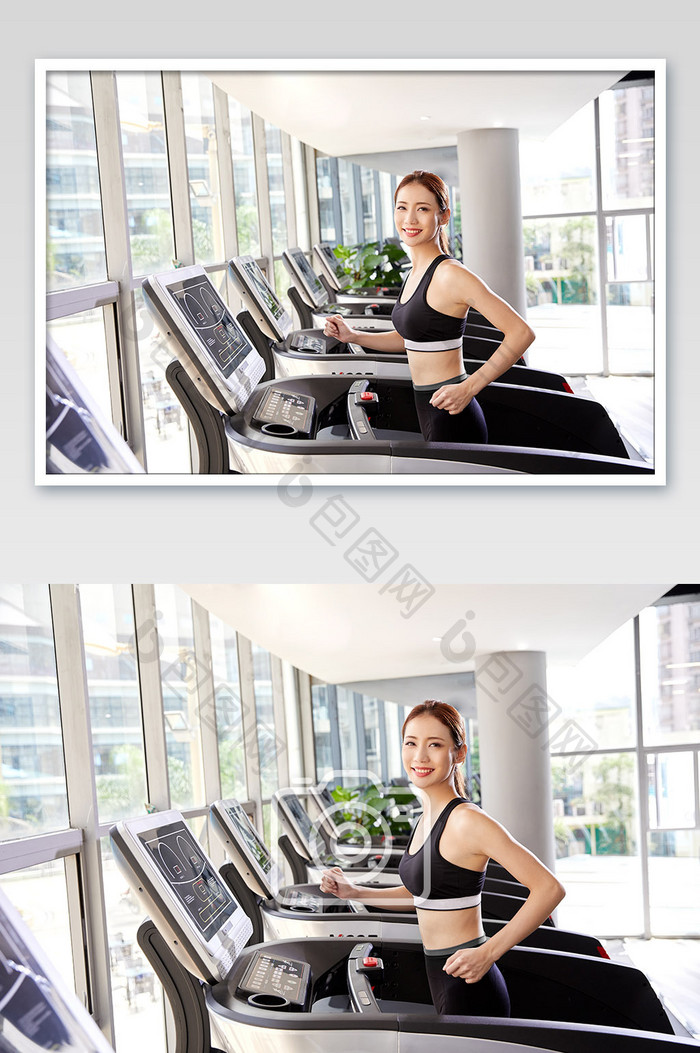 健身房运动跑步减肥增肌女生跑步机看镜头笑