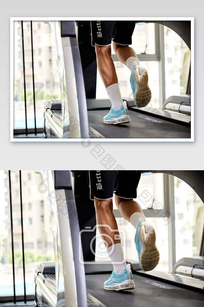健身房运动跑步减肥增肌男生跑步机脚部特写