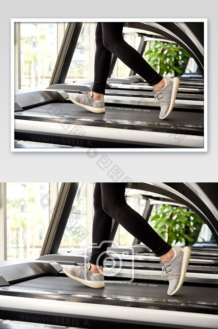 健身房运动跑步减肥增肌女生跑步机脚部特写
