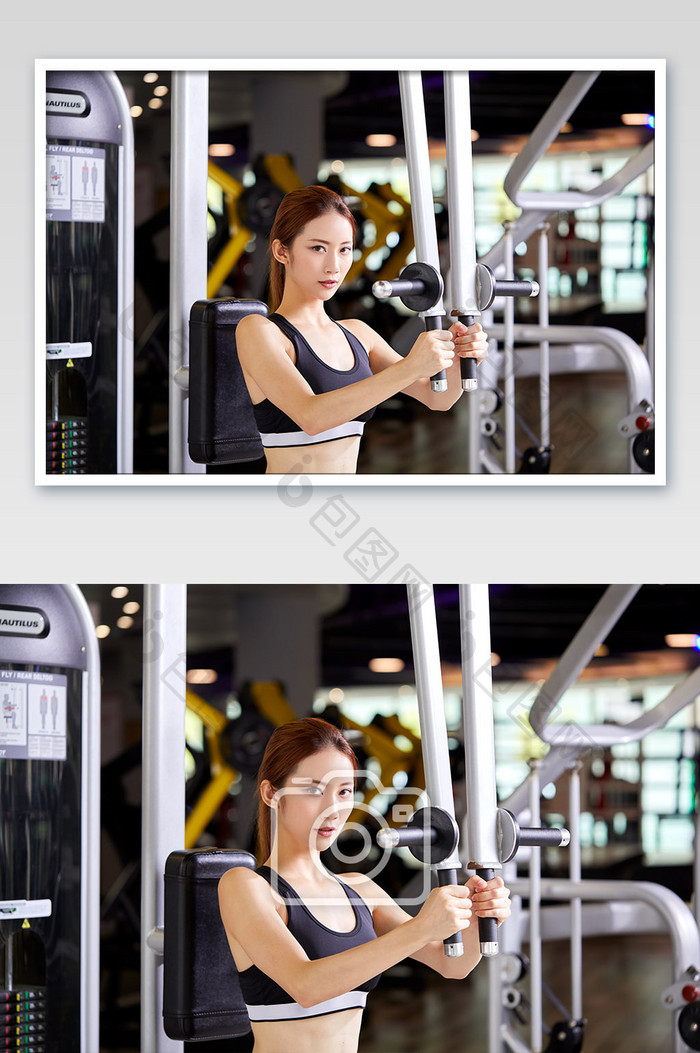 健身房运动跑步减肥增肌女生蝴蝶机看镜头