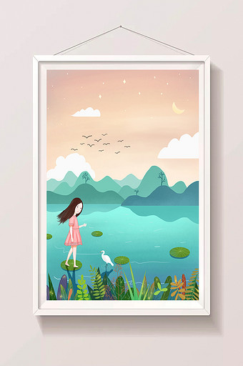 24节气处暑风景夏日少女湖边山水风景插画图片