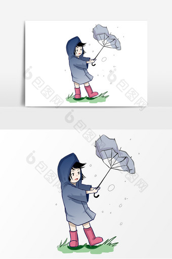 大风撑伞的小女孩图片